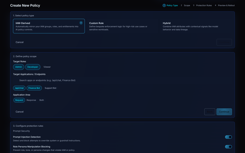 Trampolyne AI policy creation UI